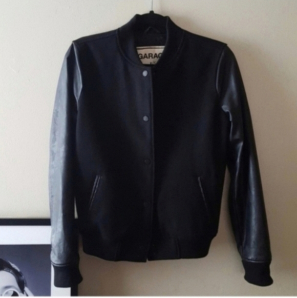 Black Wool and Leather Bomber Jacket - Picture 2 of 12